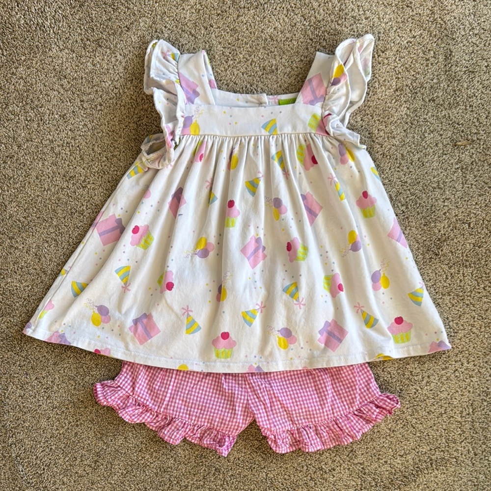 Classic Whimsy Cupcake Print Dress with Pink Gingham Shorts